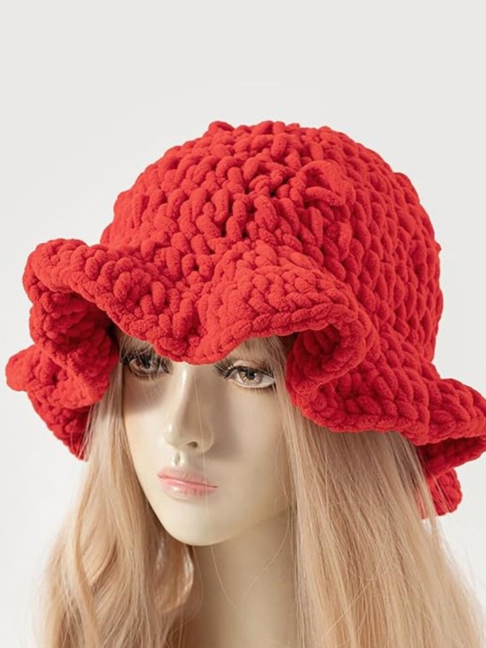 Colorful Crochet Bucket Hat Ruffled Brim Winter Chunky Knit
